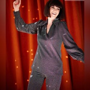 NWT Joanie Sparkly Balloon Sleeve Belted Shirt and Pull-On Flares Size 16